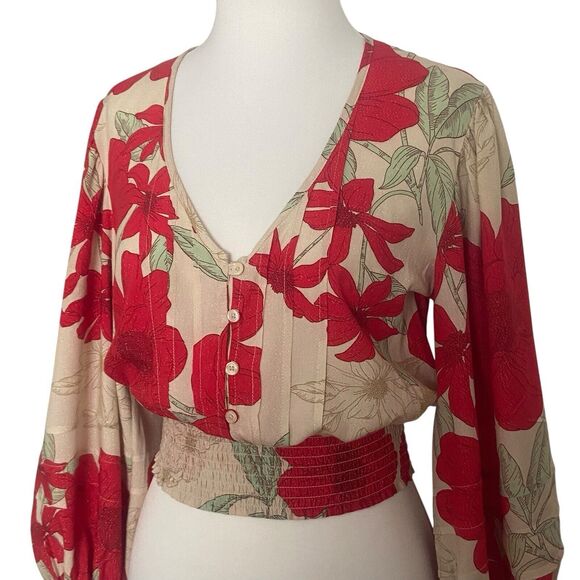 BOG Collective Blouse Crop Top Women S Red Cream Floral Shimmer Balloon Sleeve - Picture 2 of 10